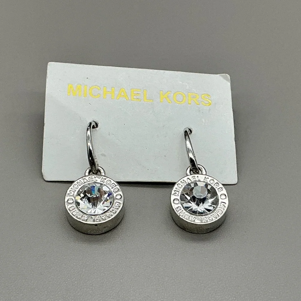 Michael Kors Silver Tone Crystal Logo Drop Earrings MK Fashion Jewelry 8048